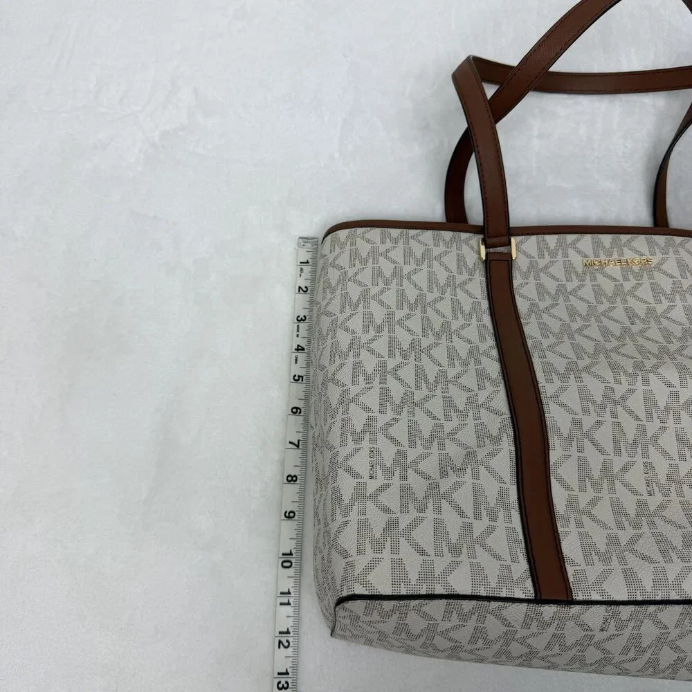 Michael Kors Tote Bag Womens Large Beige Logo Canvas Leather Trim Zip Gold Charm